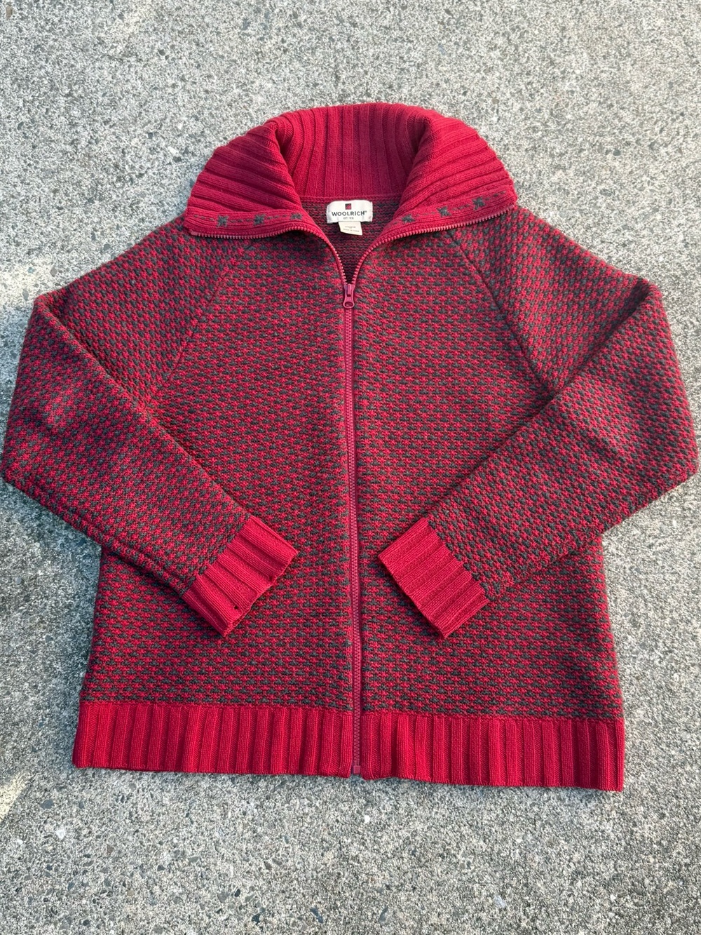 Woolrich 100% Wool Red Gray Full Zip Knit Cardigan Sweater Women’s Size M